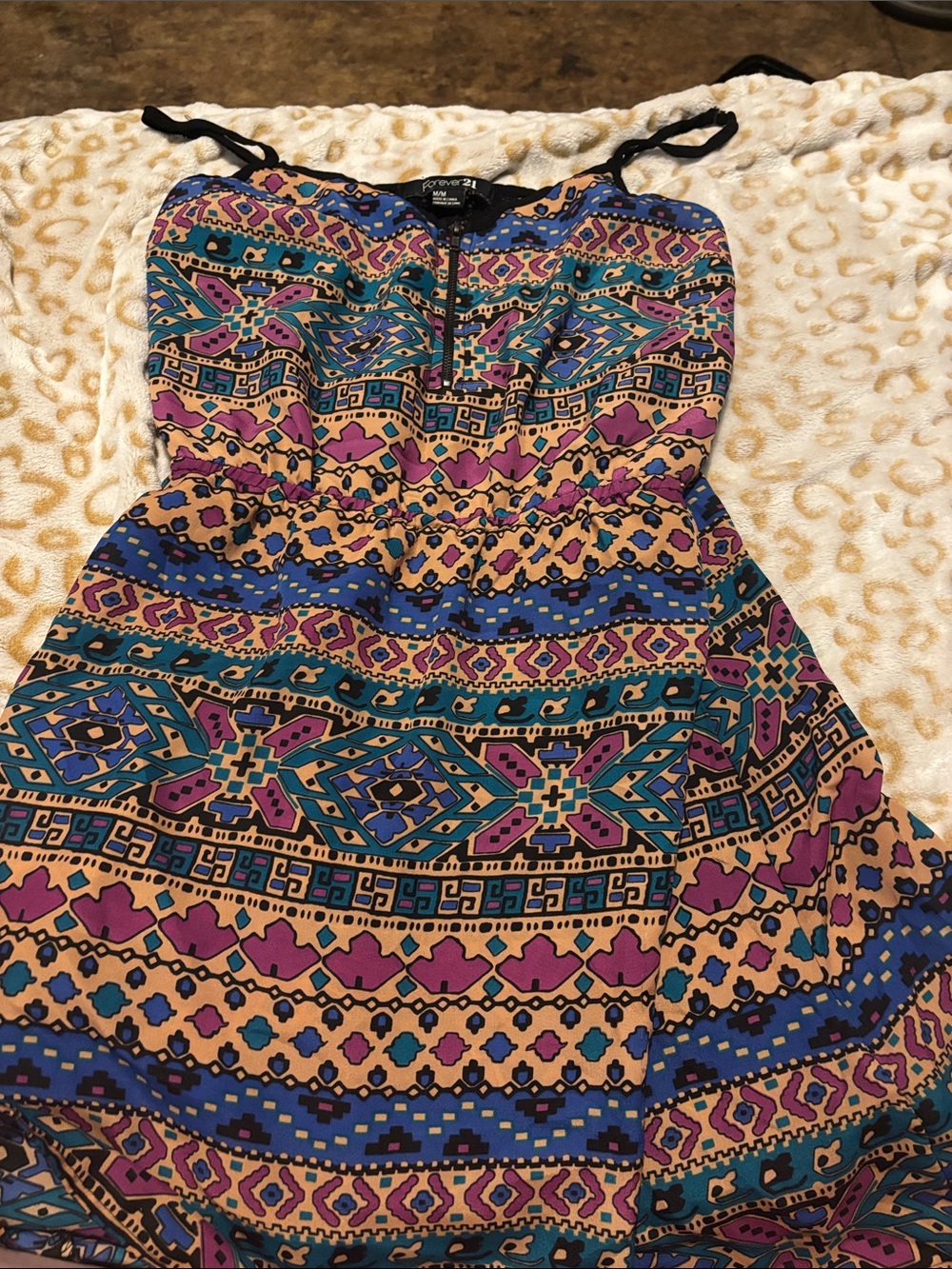 Forever 21 Teal Purple Mustard Patterned Strap Sundress